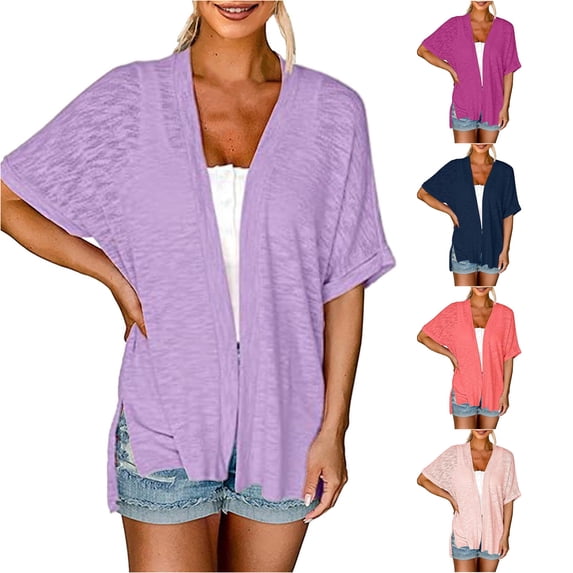 HCYSFG Womens Side Slit Cardigan Open Front Short Sleeve With Pockets Lightweight Duster Loose Fit Casual Summer Travel Layering Cover Up