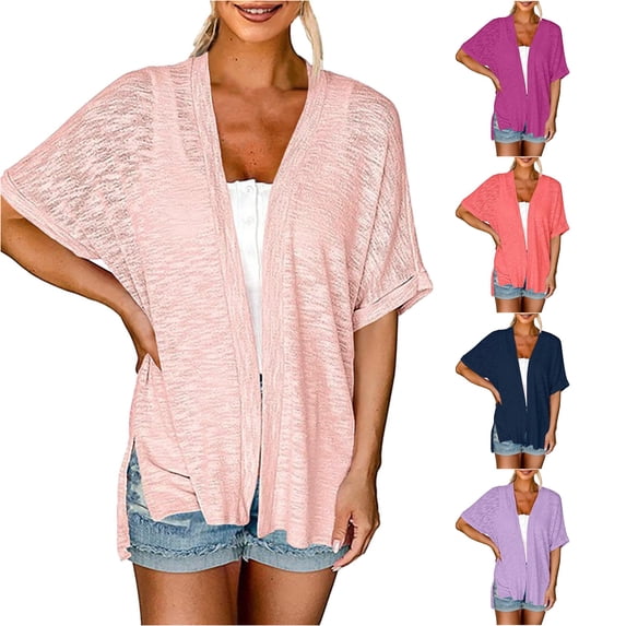 HCYSFG Womens Side Slit Cardigan Open Front Short Sleeve With Pockets Lightweight Duster Loose Fit Casual Summer Travel Layering Cover Up