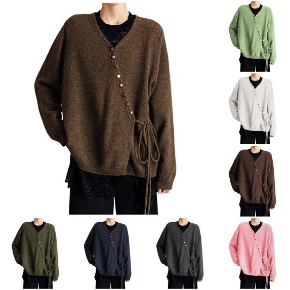 HCYSFG Womens Side Tie Cardigan Sweater V Neck Button Front Long Sleeve Loose Fit Textured Knit Casual Everyday Layering Tops