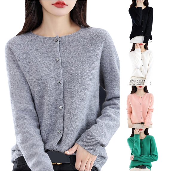 HCYSFG Womens Solid Color Cardigan Sweater Round Neck Button Down Long Sleeve Classic Fit Knit Casual Fall Office Daily Layering Jacket