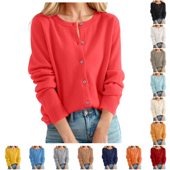 HCYSFG Womens Solid Color Cardigan Sweater Round Neck Button Front Long Sleeve Relaxed Fit Lightweight Knit Everyday Tops
