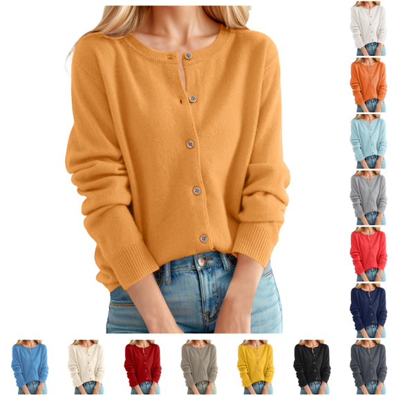HCYSFG Womens Solid Color Cardigan Sweater Round Neck Button Front Long Sleeve Relaxed Fit Lightweight Knit Everyday Tops