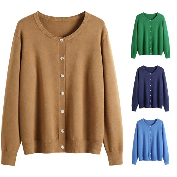 HCYSFG Womens Solid Color Cardigan Sweater Round Neck Button Front Long Sleeve Relaxed Fit Ribbed Knit Casual Everyday Tops