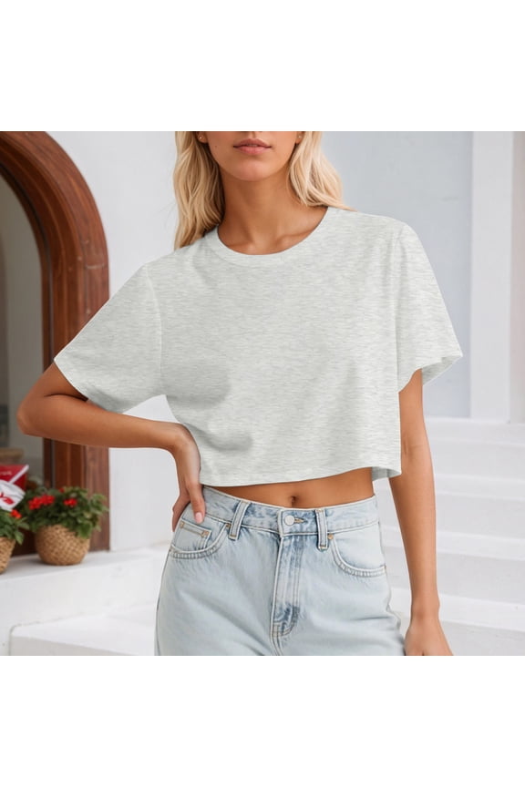 Womens Solid Color Drop Shoulder Super Cropped Tee High Top Stretch Slim Fit Sports Gym Versatile Crew Neck Short Sleeve Shirt