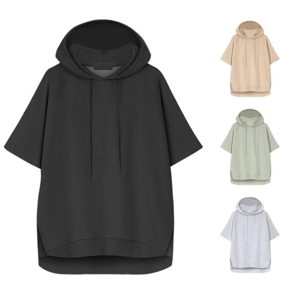 HCYSFG Womens Solid Color Hoodies Hooded Short Sleeve Drawstring Side Slit Loose Fit Pullover Sweatshirts Casual Tops