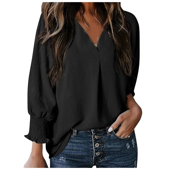 HCYSFG Womens Solid Color T Shirts V Neck 3/4 Puff Sleeve Smocked Casual Tees Loose Fit Classic Everyday Fall Tops