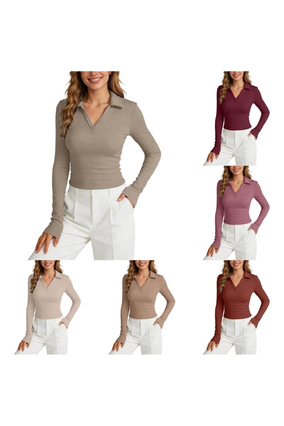 Womens Solid Color Tee Slim Fit Pullover Business Office Meeting Executive Elegant Top High End Sophisticated Urban Casual Retro Soft Notch Neck Long Sleeve Shirt