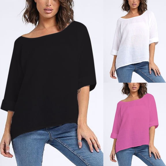 HCYSFG Womens Solid Color Top Summer Casual Crew Neck Seven Sleeve Shirt Plain Simple Style Tee Elegant Daily Wear Fashionable Apparel