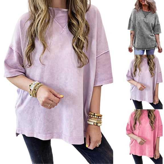 HCYSFG Womens Solid Color Top Summer Casual Crew Neck Seven Sleeve Shirt Plain Simple Style Tee Elegant Daily Wear Fashionable Apparel