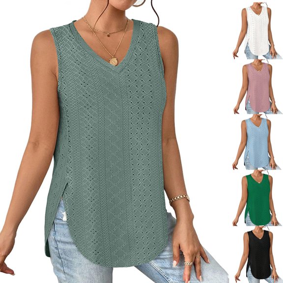 HCYSFG Womens Solid Color Top Summer Casual V Neck Sleeveless Shirt Plain Simple Style Tee Daily Wear Fashionable Basic Apparel Wear