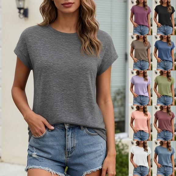 HCYSFG Womens Solid Color Top Summer Crew Neck Short Sleeve Shirt Cap Sleeve Simple Plain Tee Casual Fashion Daily Wear Basic Apparel