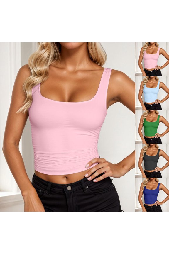 Womens Square Neck Crop Tank Top Solid Color Sleeveless Camisole Trendy Midriff-Baring Short Summer Vest Chic Slim Fit Clubwear Top