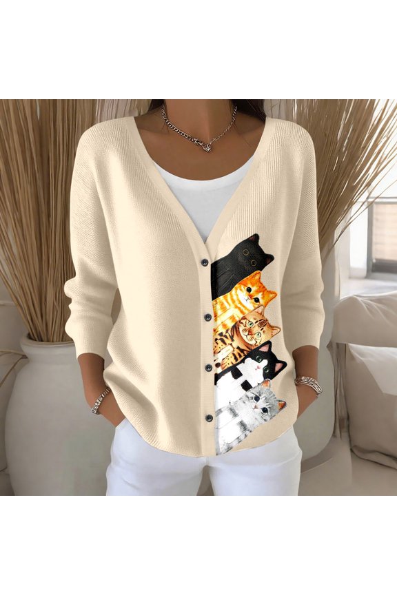 Womens Stacked Cat Graphic Cardigan Sweater V Neck Button Front Long Sleeve Side Pockets Relaxed Fit Knit Everyday Tops