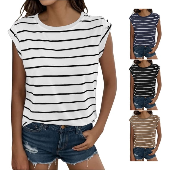HCYSFG Womens Striped Tank Tops Crewneck Sleeveless Classic Stripe Relaxed Fit Trendy Everyday Layering Shirts Summer Tops