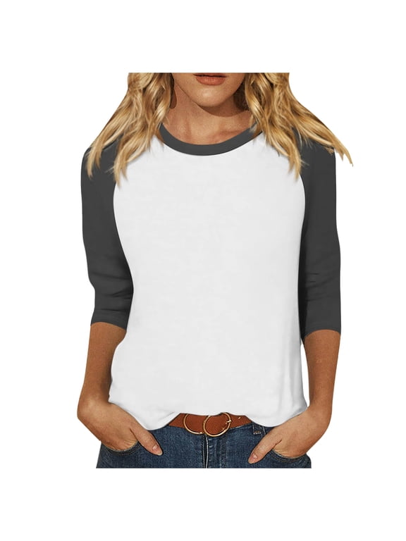 Womens Summer Crew Neck 3/4 Sleeve T-Shirts Color Block Raglan Sleeve Tees Baseball Style Sporty Apparel Wear Tops