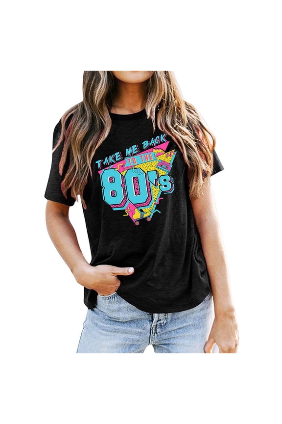 Womens Summer Crew Neck Short Sleeve Tops 80s Nostalgic Retro Print Tees Casual Fashionable Daily T-Shirts