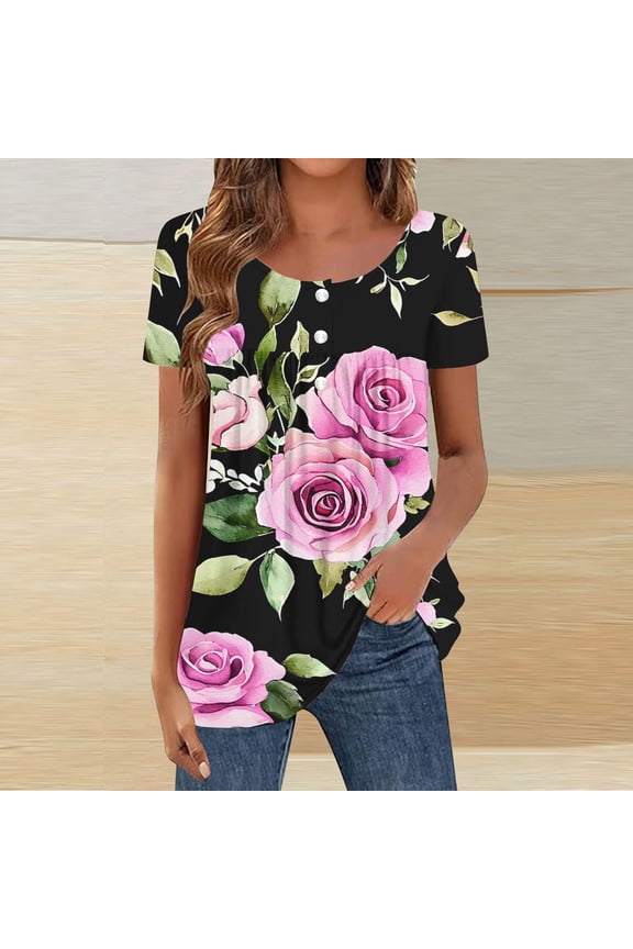 Womens Summer Crew Neck Short Sleeve Tops Button Down Flower Pattern Print Tees Oversized Pleated T-Shirts