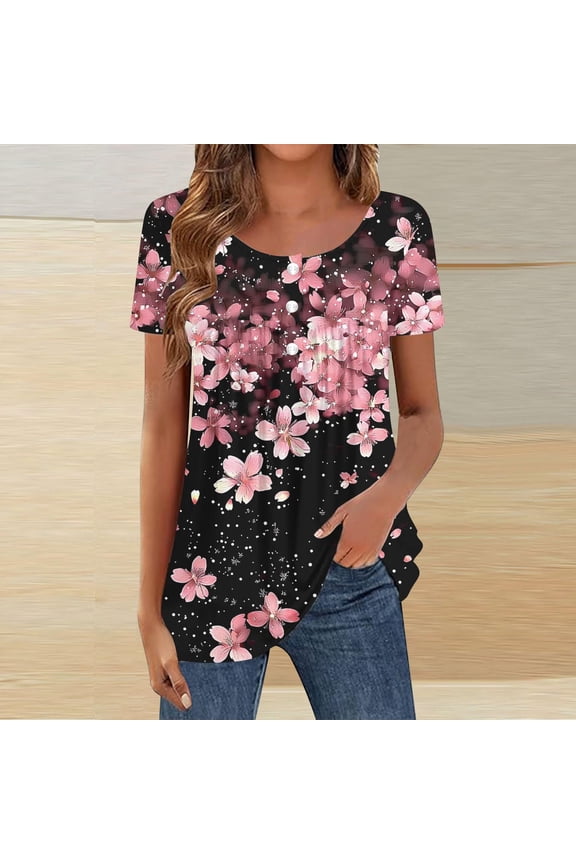 Womens Summer Crew Neck Short Sleeve Tops Button Down Flower Pattern Tees Oversized Pleated Design T-Shirts