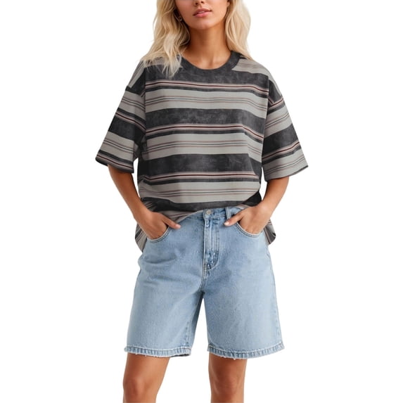 Trendfront Womens Summer Crew Neck Short Sleeve Tops Oversized Loose Fit Stripe Tees Graphic Pattern Printed Casual T-Shirts