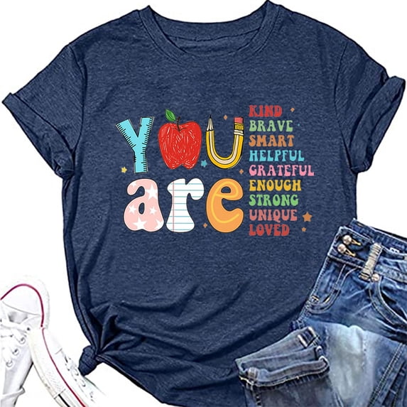Trendfront Womens Summer Crew Neck Short Sleeve Tops School Theme Graphic Pattern Print Tees Casual Everyday Apparel T-Shirts