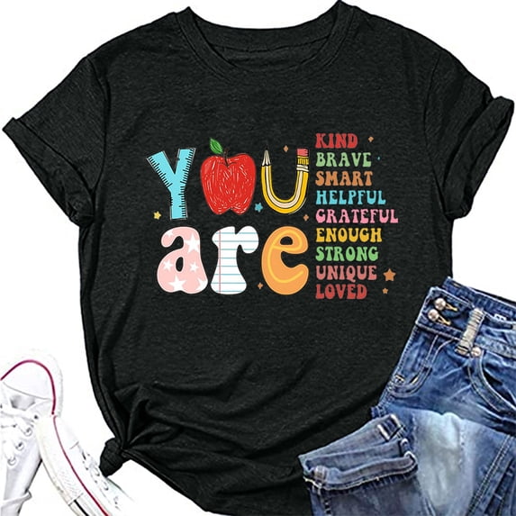 Trendfront Womens Summer Crew Neck Short Sleeve Tops School Theme Graphic Pattern Print Tees Casual Everyday Apparel T-Shirts