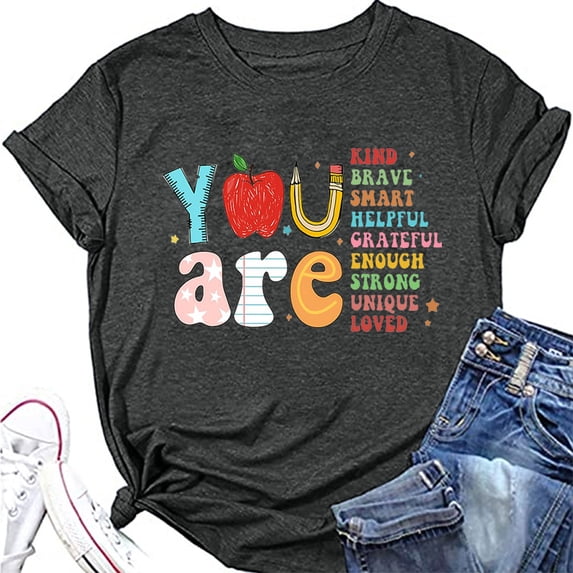 Trendfront Womens Summer Crew Neck Short Sleeve Tops School Theme Graphic Pattern Print Tees Casual Everyday Apparel T-Shirts