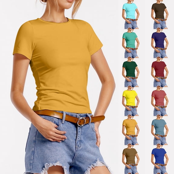 HCYSFG Womens Summer Crew Neck Short Sleeve Tops Solid Color Plain Basic Style Tees Casual Fashionable Daily T-Shirts