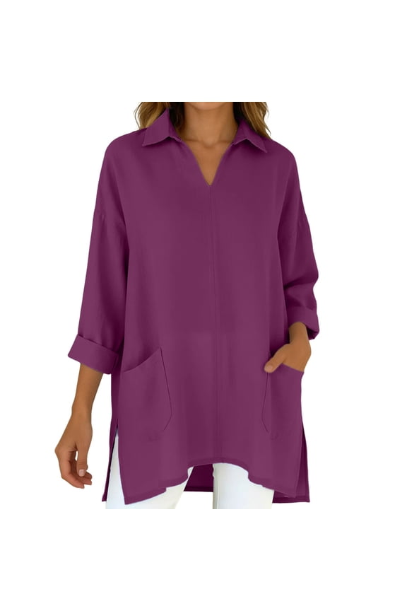 Womens Summer Notch Neck 3/4 Sleeve Tops Oversized Solid Color with Pocket Side Split Tees Daily T-Shirts