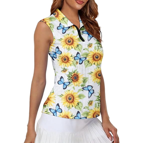 HCYSFG Womens Sunflower Butterfly Polo Top Collared Sleeveless Quarter Zip Fitted Floral Print Golf Shirt Summer Blouse