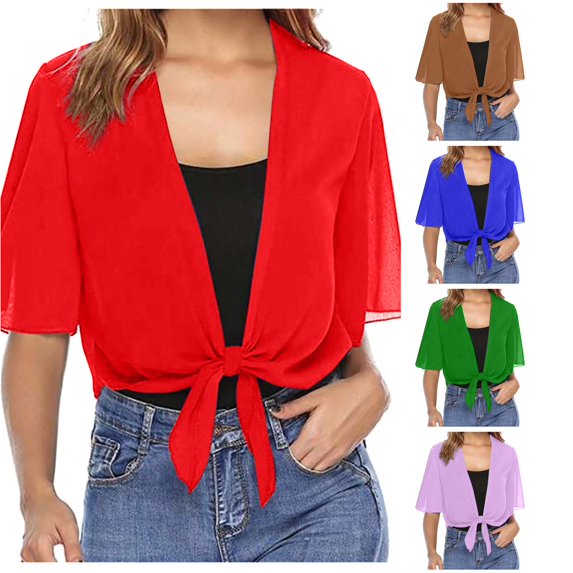 HCYSFG Womens Tie Front Cardigan Cropped Sheer Short Sleeve Open Front Design Lightweight Shrug Summer Vacation Layering Bolero