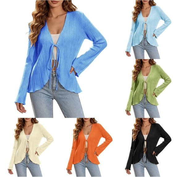 HCYSFG Womens Tie Front Cardigan V Neck Long Bell Sleeve Peplum Hem Slim Fit Ribbed Knit Sweater Casual Layering Tops