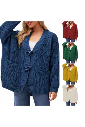 Womens Toggle Front Cardigan Sweater V Neck Long Sleeve Patch Pockets Relaxed Fit Cable Knit Casual Everyday Layering Tops