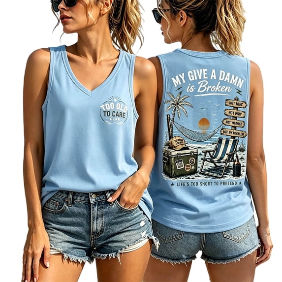 HCYSFG Womens Too Old To Care Letter Tank Tops Humorous Beach Theme Sleeveless V Neck Casual Shirts Relaxed Fit Cami Tops