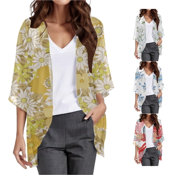 HCYSFG Womens Tropical Floral Kimono Cardigan Open Front Elbow Sleeve Lightweight Sheer Loose Fit Beach Cover Up Summer Layering Tops