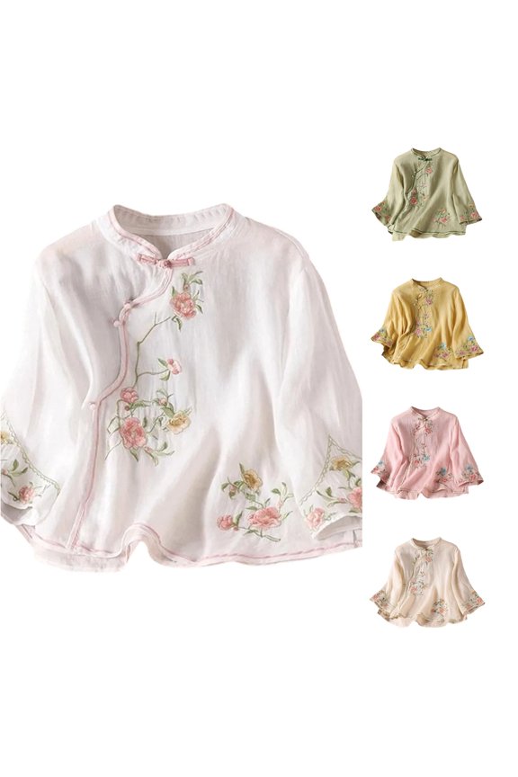 Womens Vintage Frog Button Side Open Tee Floral Top Embroidery Loose Drop Shoulder Daily Base Layer Notch Neck Shirt
