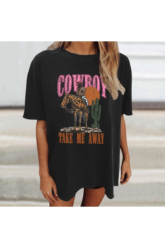 Womens Vintage Western Cowboy Tee Country Music Street Style Casual Fashion Wear Base Layer Top Crew Neck Short Sleeve Shirt
