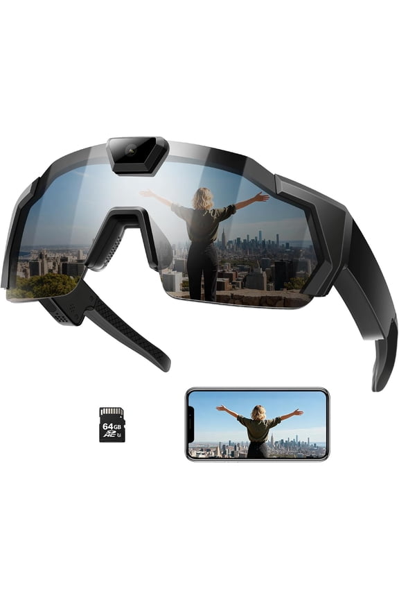 HD 1080P Camera Sunglasses with 64GB SD Card - Wearable Video Recording Glasses for Outdoor Sports, Cycling, Hiking, and Travel, UV Protection Lens with Built-in Camera for Men and Women