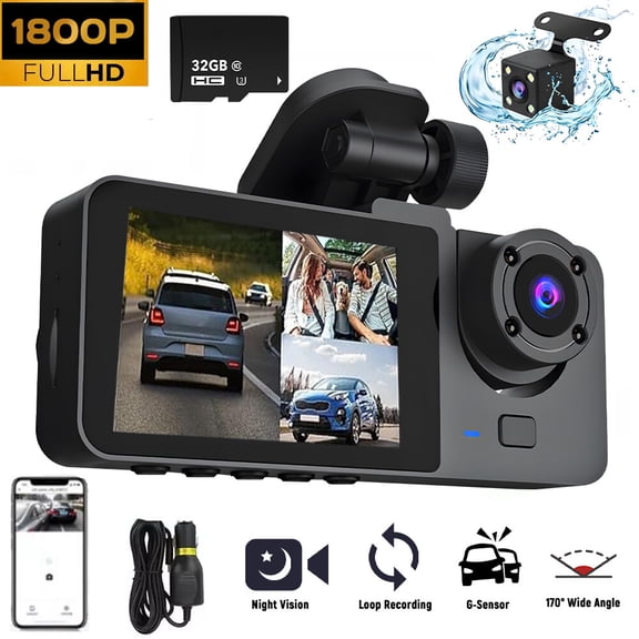 HD 1080P Dual Lens Car Camera Dash Cam Front/Rear/Inside Video Recorder G-Sensor