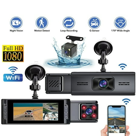 HD 1080P WiFi 3 Channel Triple Screens Dash Cam, 3.16 Inch DVR Front/Inside/Rear, G - Sensor Emergency Record, 24Hr Parking Monitor, IR Night Vision, Loop Record, Reversing Assist
