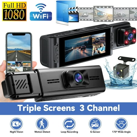 HD 1080P WiFi 3 Channel Triple Screens Dash Cam Front/Inside/Rear, 3.16 '' DVR, 2.4G WiFi - APP Control, IR Night Vision, G - Sensor, 24Hr Parking Monitor, Loop Record, Reversing Assist