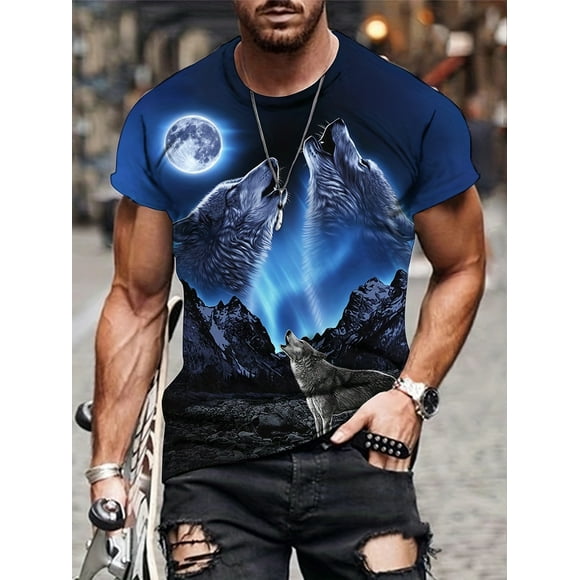 HD 3D Printed Double Wolf Animal Pattern T-Shirt Men's Casual Trendy Streetwear Blue Sky T-Shirt