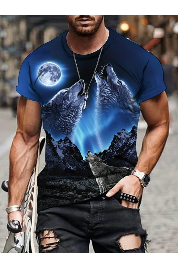 HD 3D Printed Double Wolf Animal Pattern T-Shirt Men's Casual Trendy Streetwear Blue Sky T-Shirt