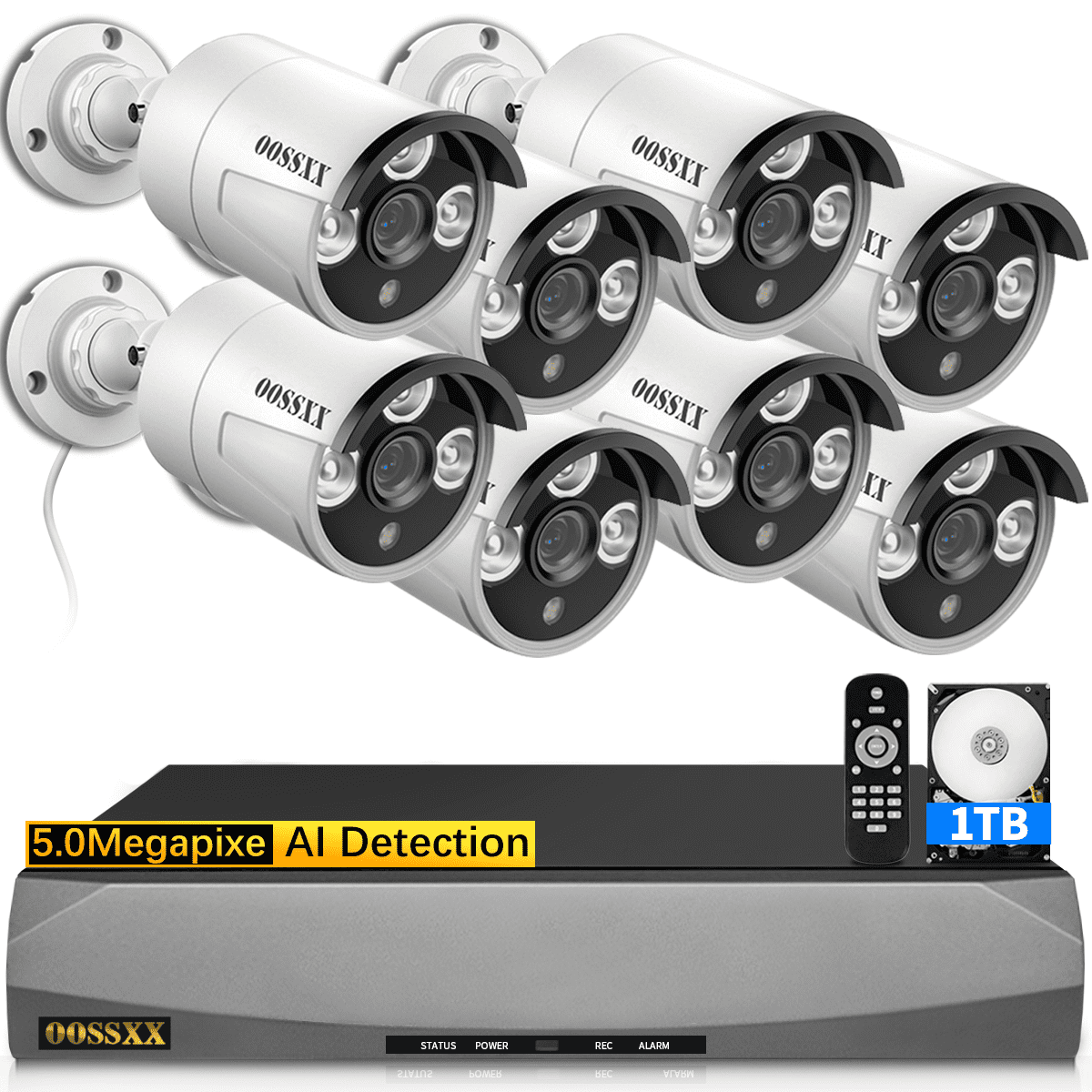 OOSSXX 5MP PoE Security Camera System with 8 Hardwired Outdoor Cameras, AI Detection for