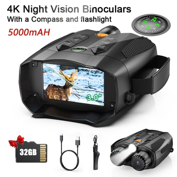 LEXKUYI 4K Night Vision Goggles for Adult, Tactical Binoculars with Camera, Infrared Goggles for Hunter, 3'' HD Screen for Camping & Security, 5000mAh Battery, 32GB TF Card