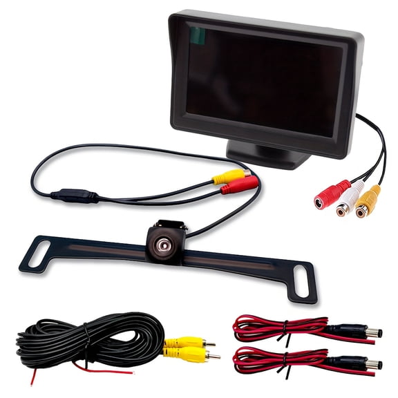 HD Backup Camera& 4.3" Monitor Kit- Wired Night Vision, Color LCD Display, Easy Bracket Mount for Cars/ SUVs/ RVs (12V)- Includes Power Cables, RCA Video, Parking System.