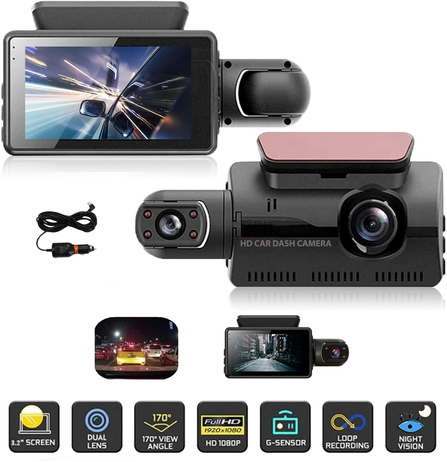 Dash Cam With Motion Sensor And Night Vision HD Car Dash Camera - Front and Inside Car Monitor, WI-FI, Passenger and