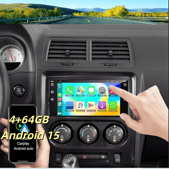 HD Car Navigation Stereo For Dodge Challenger 2008 2009 2010 2011 2012-2014 - Android 15 (4+64GB), 7" IPS Touch, AHD Backup Camera, Microphone, CarPlay/Android Auto, WiFi, GPS