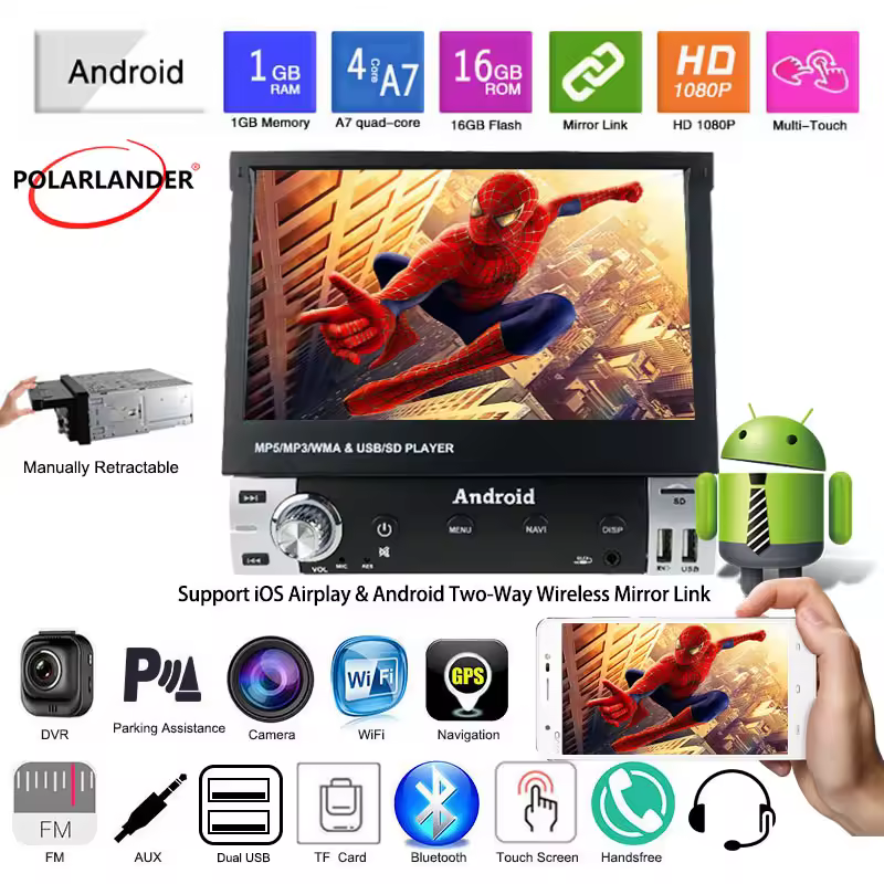 HD Car Radio 1 Din Android FM SD Card U Disk Full Touch Mobile Phone Cast  Bluetooth GPS Navigation 7 Inch Telescopic Screen