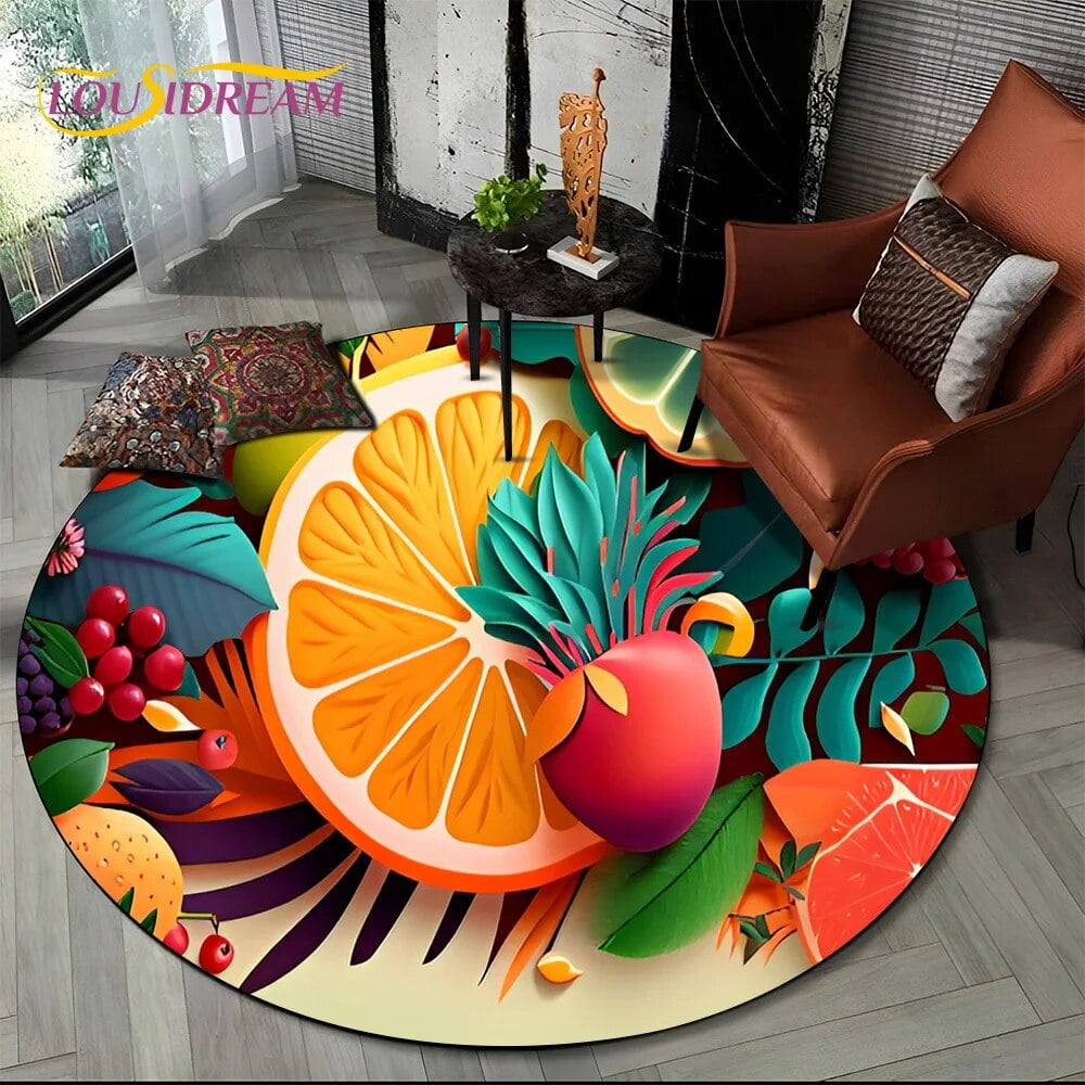 HD Cartoon Cute Tropical Fruits 3D Round Carpet Rug for Living Room ...
