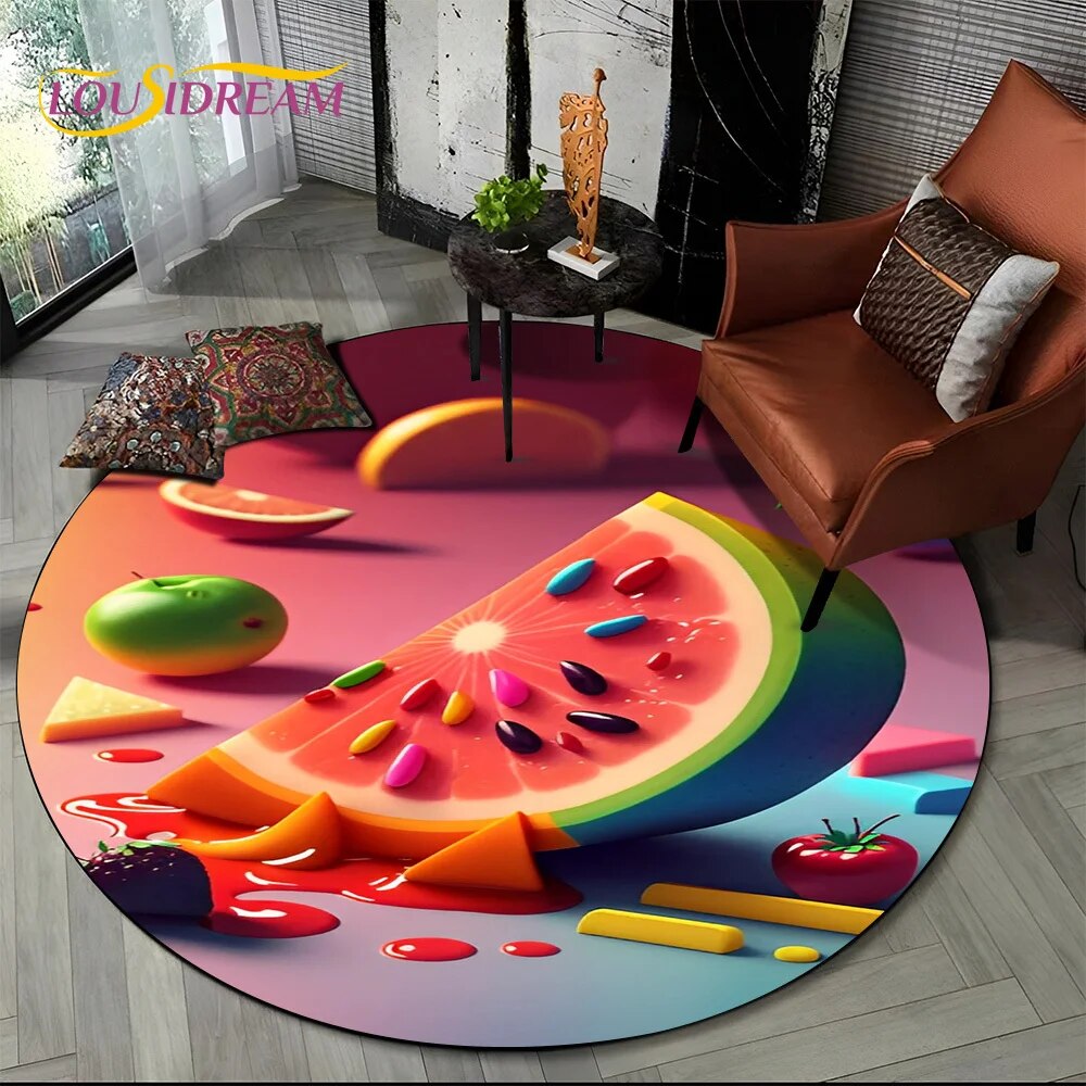 HD Cartoon Cute Tropical Fruits 3D Round Carpet Rug for Living Room ...